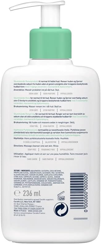 CeraVe Foaming Cleanser for Normal to Oily Skin with 3 Essential Ceramides 236ml (Pack of 2) CeraVe