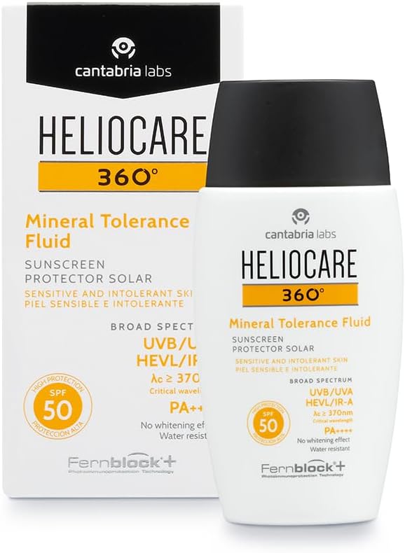 Heliocare 360 Mineral Tolerance Fluid SPF50 50ml / Mineral Sunscreen For Face/Daily UVA UVB Visible Light and infrared-A Hypoallergenic Sun Protection/Silky Transparent Finish, White Greenwize