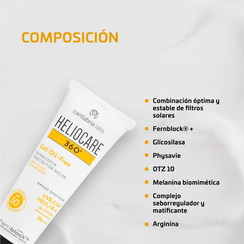 Heliocare 360 Oil-Free Gel SPF 50 50ml / Gel Sunscreen For Face/Daily UVA UVB Visible light Infrared-A Anti-Ageing Sun Protection/Combination Oily and Normal Skin/Matte Finish Heliocare