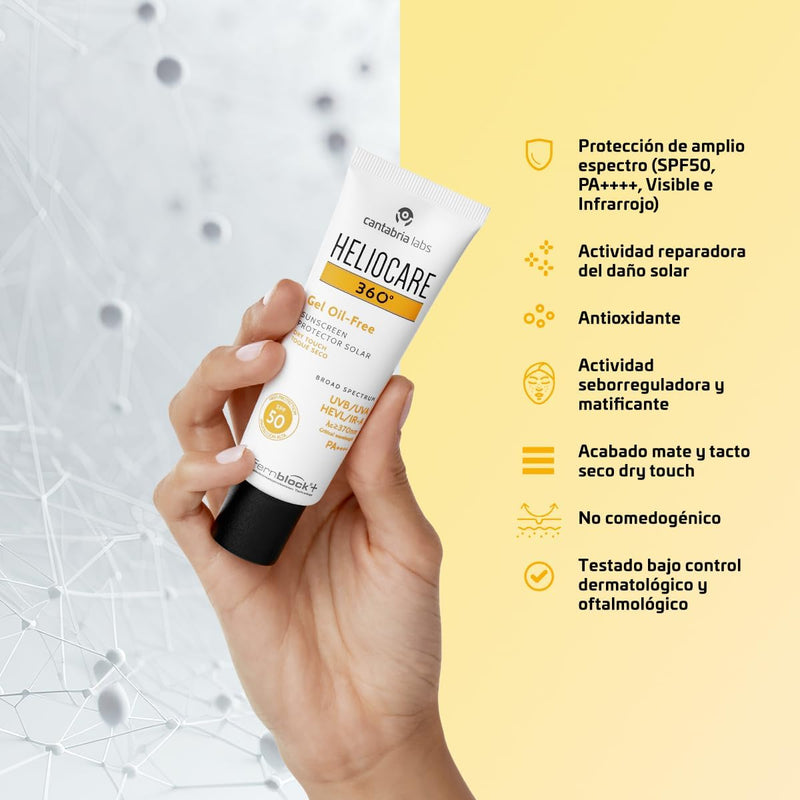 Heliocare 360 Oil-Free Gel SPF 50 50ml / Gel Sunscreen For Face/Daily UVA UVB Visible light Infrared-A Anti-Ageing Sun Protection/Combination Oily and Normal Skin/Matte Finish Heliocare