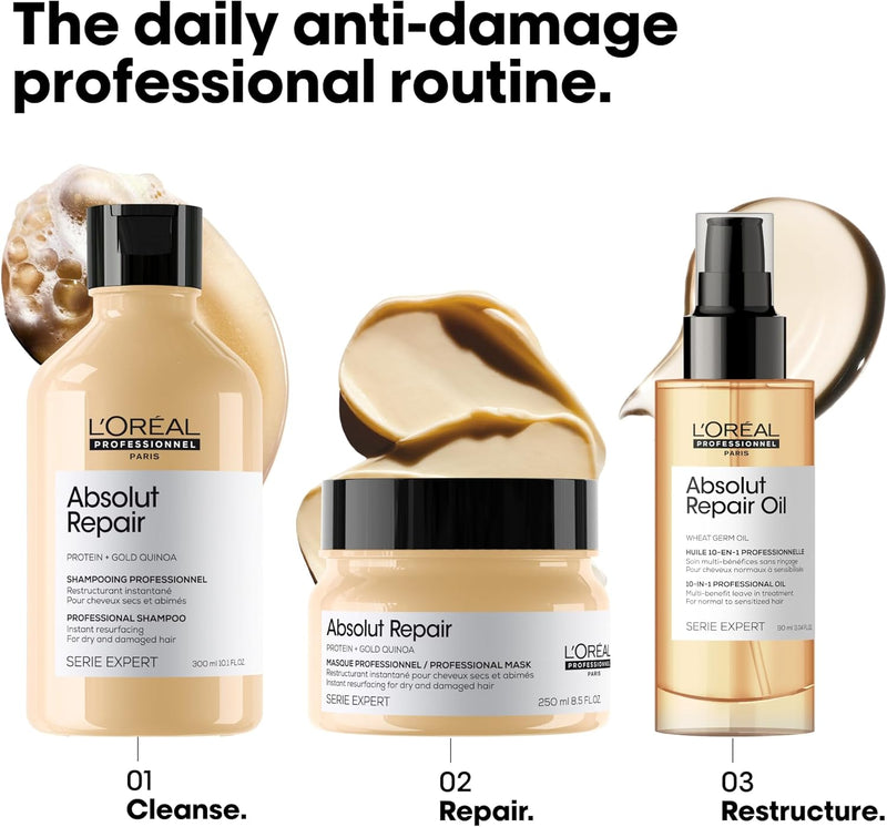 L’Oréal Professionnel | Shampoo, With Protein And Gold Quinoa for Dry And Damaged Hair, Serie Expert Absolut Repair 300ml L&