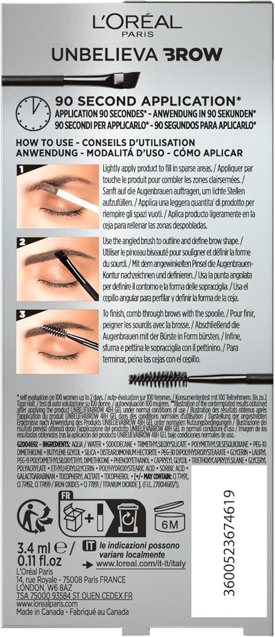 L'Oreal Paris UnbelievaBrow Long-Lasting Eyebrow Gel, Smudge-Proof, Transfer-Proof, Waterproof, 108 Dark Brunette L'Oreal Paris