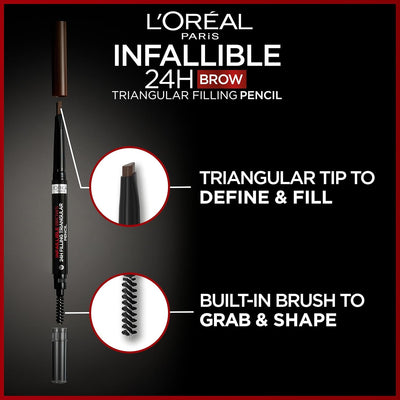 L'Oreal Paris Eyebrow Liner, Brow Filling Triangular Pencil, Natural Matte Finish, With Spoolie Brush, Up to 24H Wear, Infallible 24H, 5.23 Light Brunette Greenwize