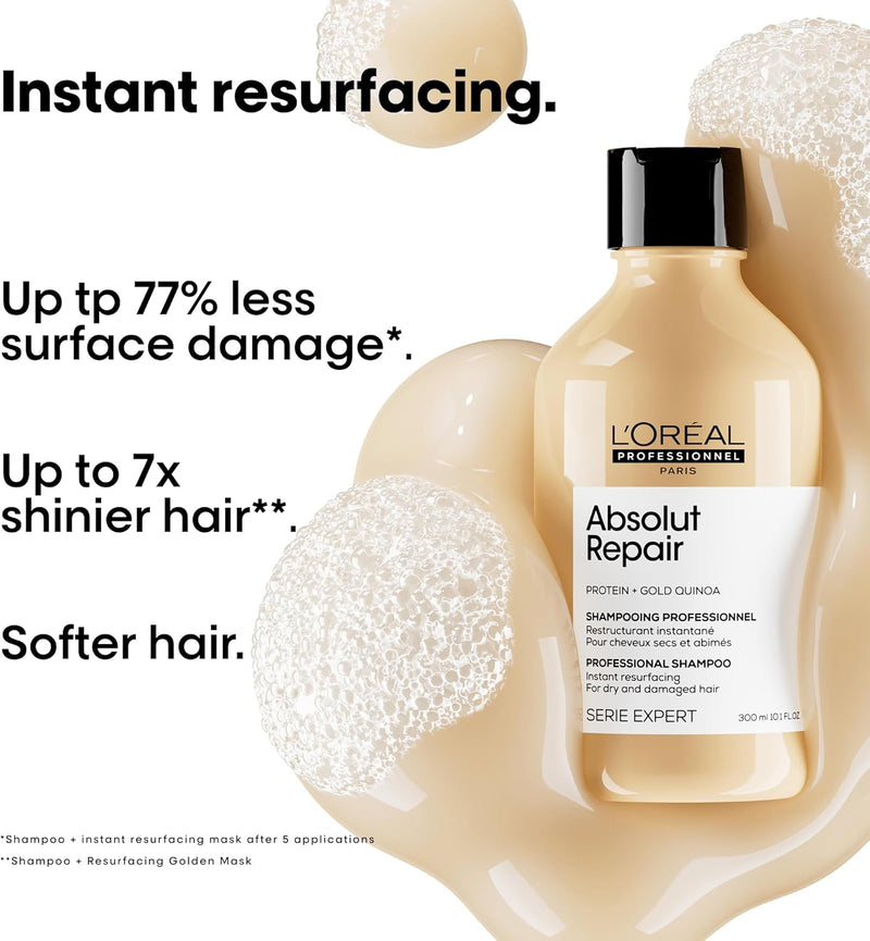 L’Oréal Professionnel | Shampoo, With Protein And Gold Quinoa for Dry And Damaged Hair, Serie Expert Absolut Repair 300ml L&