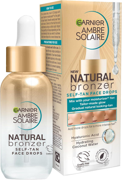 Garnier Ambre Solaire Natural Bronzer, Self Tan Drops for Face, Hyaluronic Acid & Coconut Water, Tailor Made Glow, Gradual & Natural Fake Tan, Approved by Cruelty Free International, Vegan, 30ml Garnier