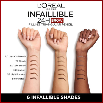 L'Oreal Paris Eyebrow Liner, Brow Filling Triangular Pencil, Natural Matte Finish, With Spoolie Brush, Up to 24H Wear, Infallible 24H, 5.23 Light Brunette Greenwize