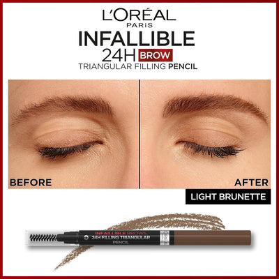 L'Oreal Paris Eyebrow Liner, Brow Filling Triangular Pencil, Natural Matte Finish, With Spoolie Brush, Up to 24H Wear, Infallible 24H, 5.23 Light Brunette Greenwize