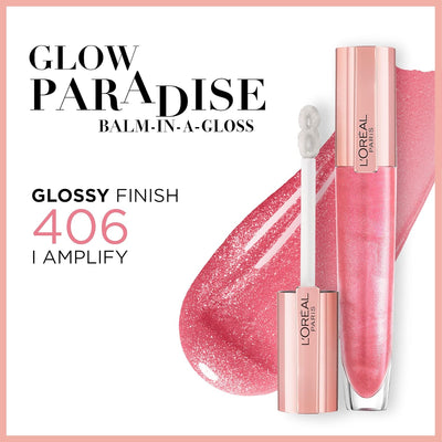 L'Oréal Paris Lip Gloss, Plumping and Hydrating, with Hyaluronic Acid and Collagen Complex, Glow Paradise Balm-In-Gloss, 406 I Amplify L'Oréal Paris