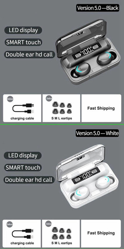 TWS F9-5C Wireless Bluetooth 5.0 Earphones 9D Stereo LED Black EBD01BK TWS