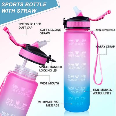 Sports Water Bottle with Straw Cup, Greenwize 1Litre Motivational Water Bottle with Time Markings Hundun