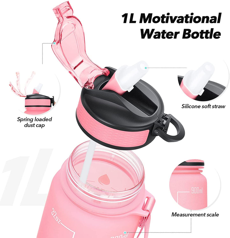 Sports Water Bottle with Straw Cup, Greenwize 1Litre Motivational Water Bottle with Time Markings Hundun